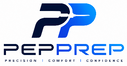 A digital logo for 'PEP PREP' featuring a stylized blue and navy 'PP' monogram with a syringe graphic, and the tagline 'PRECISION | COMFORT | CONFIDENCE' on a plain white background.